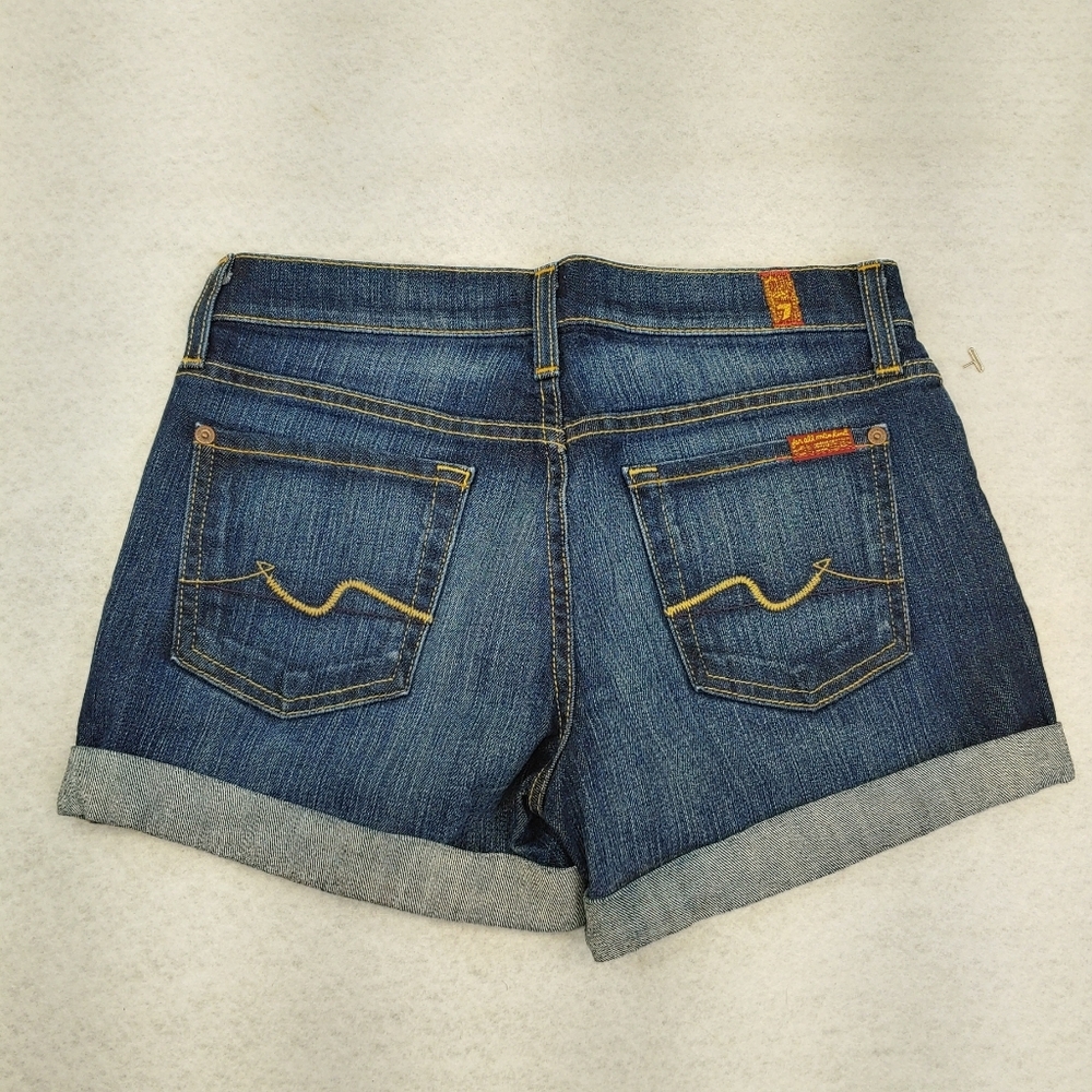 7 For All Mankind Jean Shorts Sz 25 Button Fly Mid- Roll Dark Wash Denim